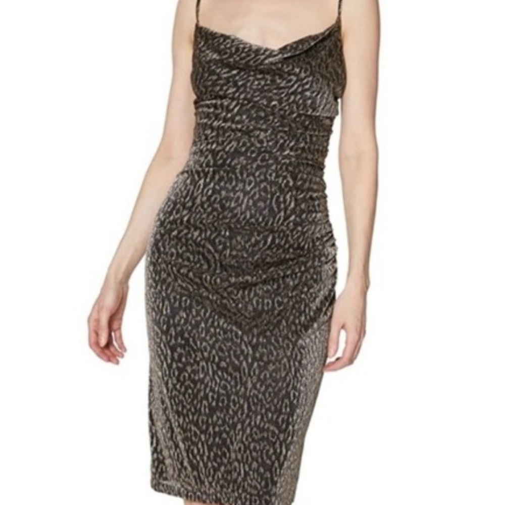 Laundry by Shelli Segal Cowl V-Neck Fairy Whimsigoth Leopard Print Midi Dress 10